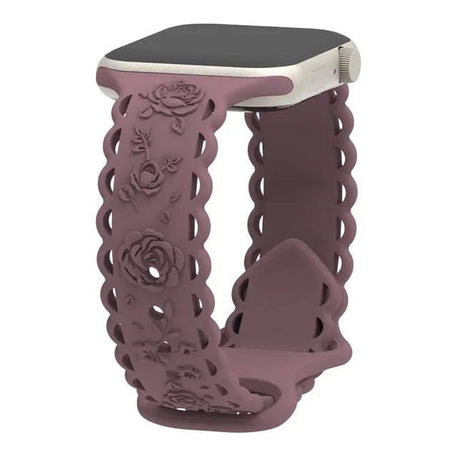 Engraved Floral Strap for Apple Watch Ultra2 49mm 45 44 42 41 40mm 38mm Silicone Band for IWatch Series 9/8/7/6/5/4/3/2/SE Ultra