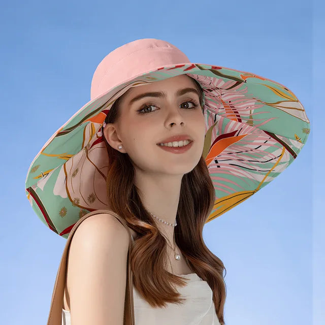 18cm Large Brim Women Sun Hat Luxury Double Sided Wearable Plant Printing Cotton Bucket Cap Light Breathable Summer Top Hat