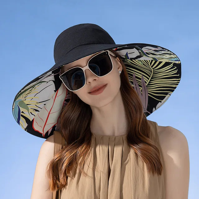 18cm Large Brim Women Sun Hat Luxury Double Sided Wearable Plant Printing Cotton Bucket Cap Light Breathable Summer Top Hat