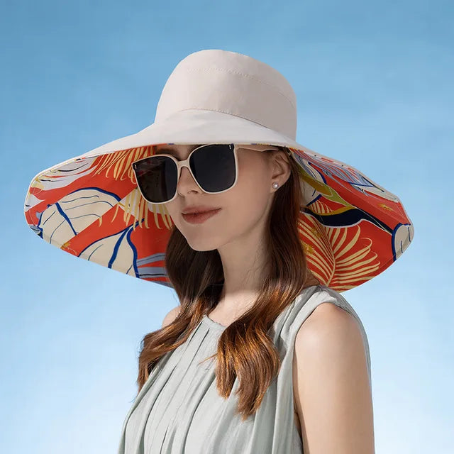 18cm Large Brim Women Sun Hat Luxury Double Sided Wearable Plant Printing Cotton Bucket Cap Light Breathable Summer Top Hat