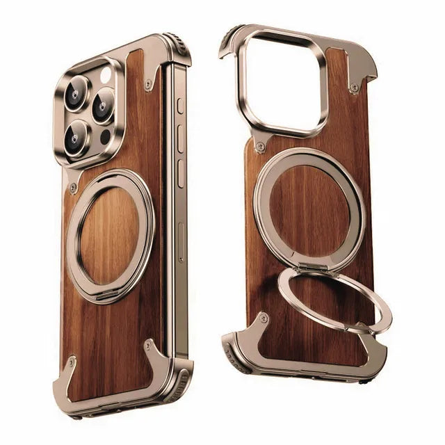 For iPhone 16 15 14 Pro Max Case 360°Rotating Magnetic Magsafe Car Phone Holder Walnut Wood Metal framework Protective cover