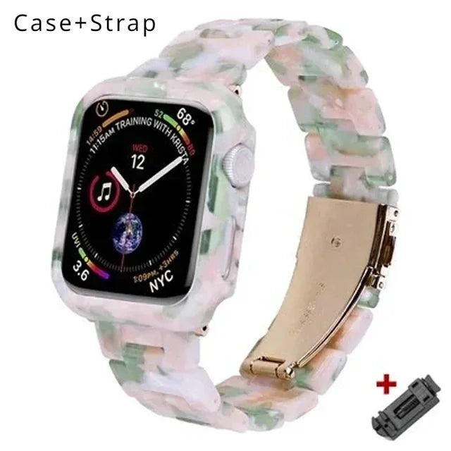 Resin Band for Apple Watch Series 9 8 7 41 45mm Cover Transparent Bracelet for iWatch 6 5 4 se 42mm 44 38 40mm Woman Case+Strap