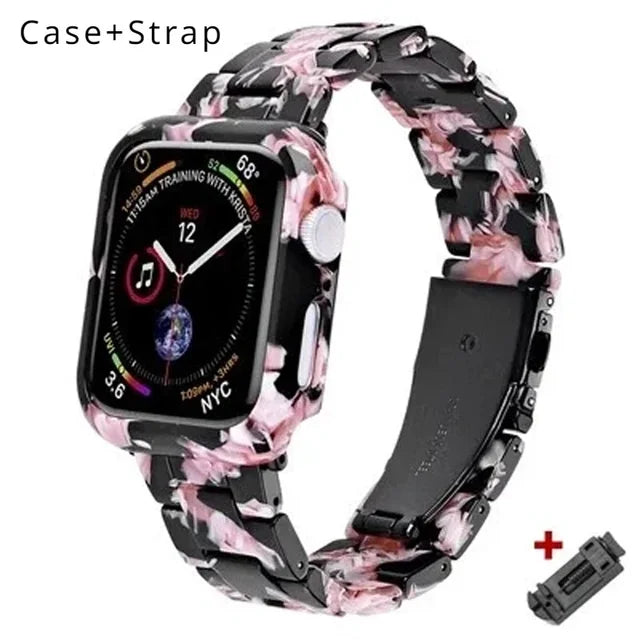 Resin Band for Apple Watch Series 9 8 7 41 45mm Cover Transparent Bracelet for iWatch 6 5 4 se 42mm 44 38 40mm Woman Case+Strap