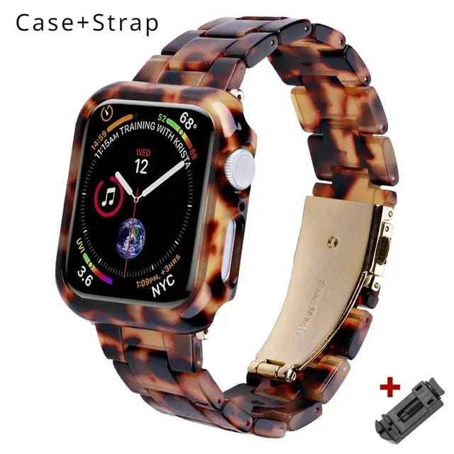 Resin Band for Apple Watch Series 9 8 7 41 45mm Cover Transparent Bracelet for iWatch 6 5 4 se 42mm 44 38 40mm Woman Case+Strap