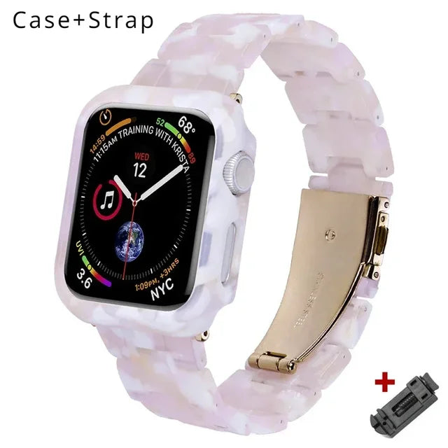 Resin Band for Apple Watch Series 9 8 7 41 45mm Cover Transparent Bracelet for iWatch 6 5 4 se 42mm 44 38 40mm Woman Case+Strap