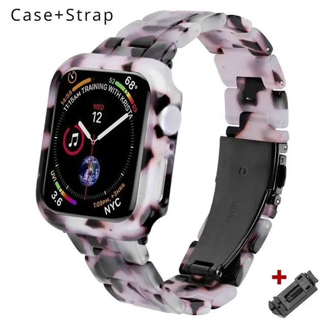 Resin Band for Apple Watch Series 9 8 7 41 45mm Cover Transparent Bracelet for iWatch 6 5 4 se 42mm 44 38 40mm Woman Case+Strap