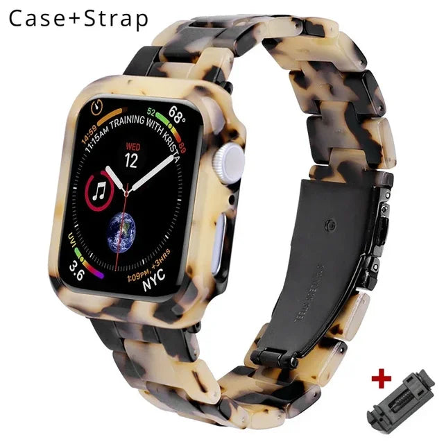 Resin Band for Apple Watch Series 9 8 7 41 45mm Cover Transparent Bracelet for iWatch 6 5 4 se 42mm 44 38 40mm Woman Case+Strap