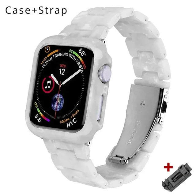 Resin Band for Apple Watch Series 9 8 7 41 45mm Cover Transparent Bracelet for iWatch 6 5 4 se 42mm 44 38 40mm Woman Case+Strap