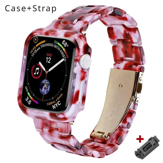 Resin Band for Apple Watch Series 9 8 7 41 45mm Cover Transparent Bracelet for iWatch 6 5 4 se 42mm 44 38 40mm Woman Case+Strap