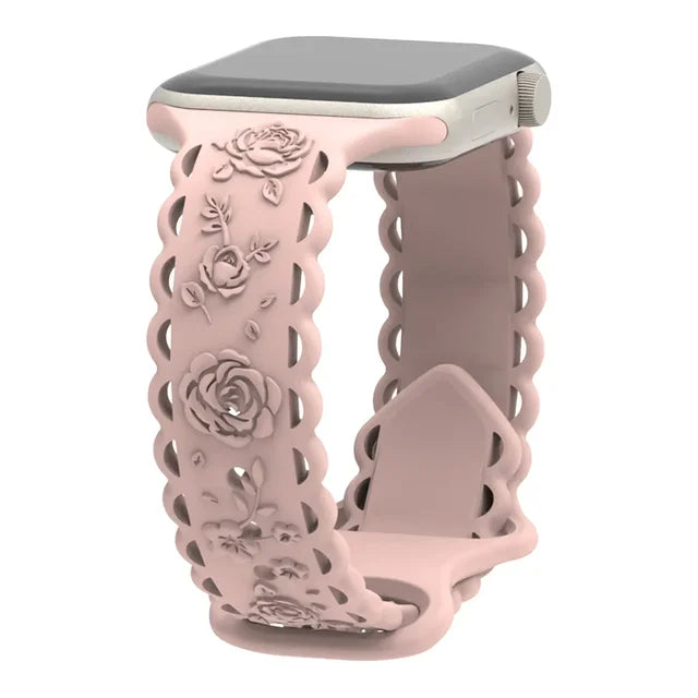 Engraved Floral Strap for Apple Watch Ultra2 49mm 45 44 42 41 40mm 38mm Silicone Band for IWatch Series 9/8/7/6/5/4/3/2/SE Ultra