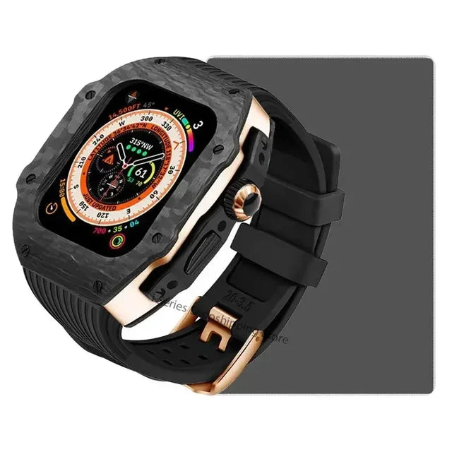 Luxury Carbon Fiber Case Modification Kit for Apple Watch Ultra 2 49mm 44mm 45mm Case Fluororubber Strap Iwatch 9 8 7 6 SE 5 Mod