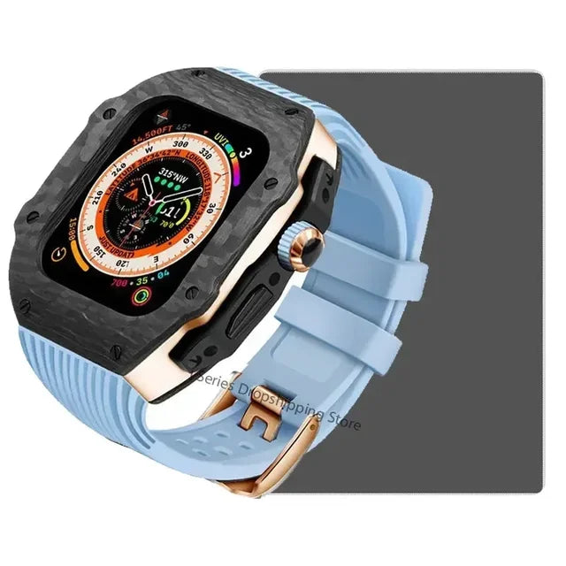 Luxury Carbon Fiber Case Modification Kit for Apple Watch Ultra 2 49mm 44mm 45mm Case Fluororubber Strap Iwatch 9 8 7 6 SE 5 Mod