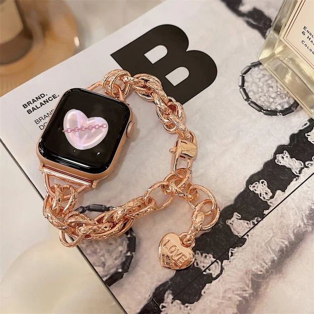 Lover Heart Chain Bracelet For Apple Watch 9 Band 8 7 6 5 Se 4 Ultra 2 Cute Wristband For Iwatch 40mm 41mm 42mm 44mm 45mm 49mm