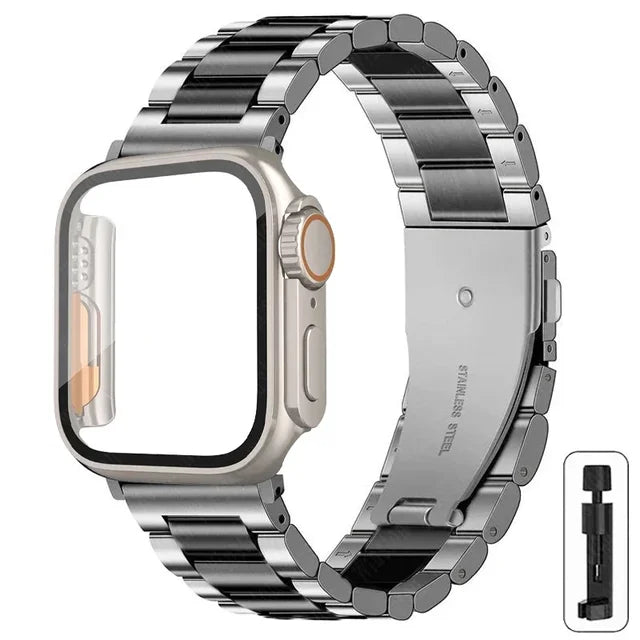 Stainless Steel Strap+Ultra Case for Apple Watch Band 44mm 45mm 41mm 40mm 42mm Case Metal Strap for Iwatch Series 9 8 7 6 SE 5 4