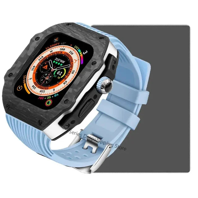 Luxury Carbon Fiber Case Modification Kit for Apple Watch Ultra 2 49mm 44mm 45mm Case Fluororubber Strap for Iwatch 9 8 7 6 SE 5