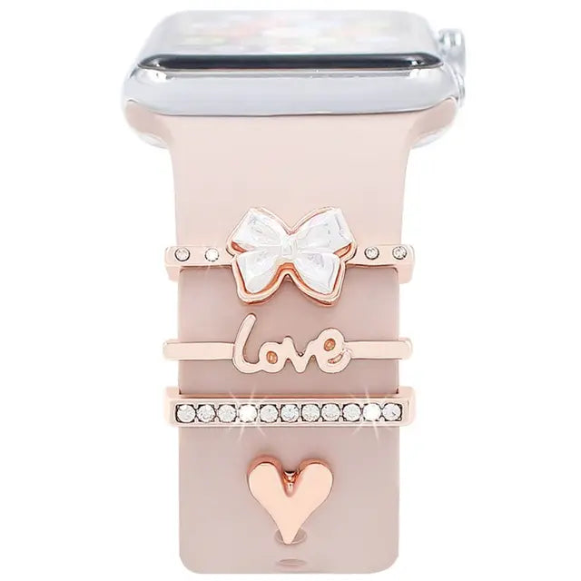 Pearl Diamond Metal Charms Decorative Ring For Apple Watch Band Smart Watch Silicone Strap Accessories For iwatch Bracelet