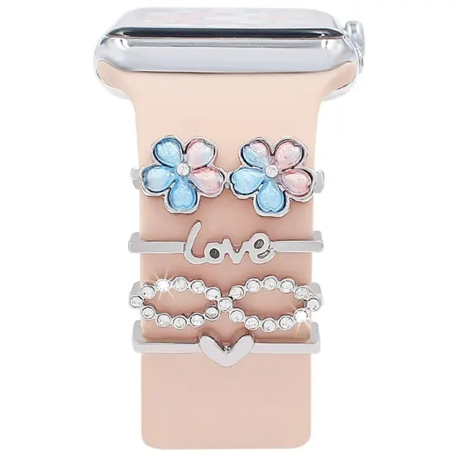 Pearl Diamond Metal Charms Decorative Ring For Apple Watch Band Smart Watch Silicone Strap Accessories For iwatch Bracelet