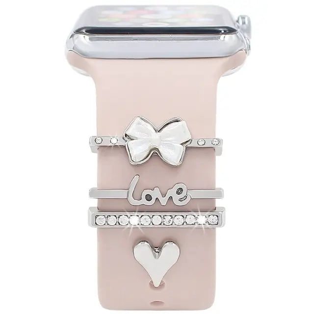 Pearl Diamond Metal Charms Decorative Ring For Apple Watch Band Smart Watch Silicone Strap Accessories For iwatch Bracelet