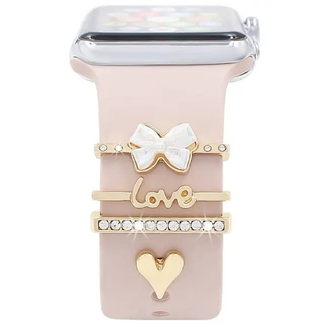 Pearl Diamond Metal Charms Decorative Ring For Apple Watch Band Smart Watch Silicone Strap Accessories For iwatch Bracelet