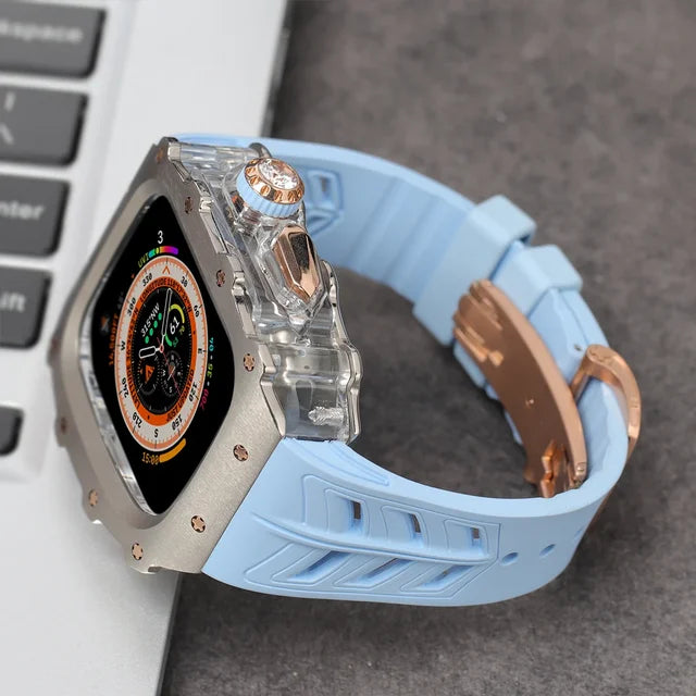 Titanium Modification Kit For Apple Watch Band Ultra 2 49mm 44mm 45mm Metal Case For Iwatch Series 9 8 7 6 5 4 Rubber Strap