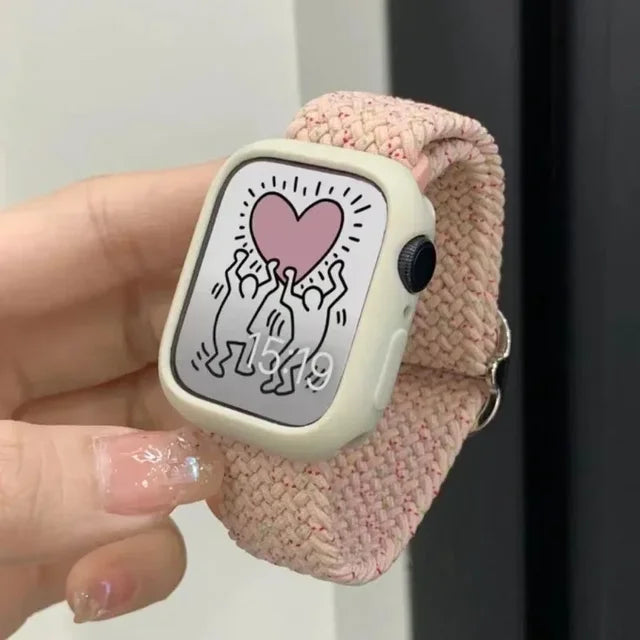 Cute Braied Strap + Case For Apple Watch Band 49mm 41mm 45 44 38 42 Nylon Bracelet For iWatch Series 9 8 7 6 5 4 3 SE 40