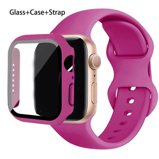 Glass+Case+Strap For Apple Watch band 44mm 41mm 45mm 40mm 38mm 42mm Silicone bracelet iWatch series 9 8 3 4 5 6 se 7 watchbands