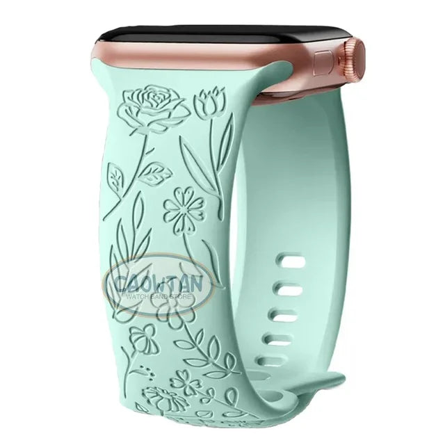 Engraved Floral Silicone Strap for Apple Watch Ultra 2 Band 49mm 45mm 40mm 41mm Bracelet Fashion IWatch Series 9 8/7/6/5/4/3/se