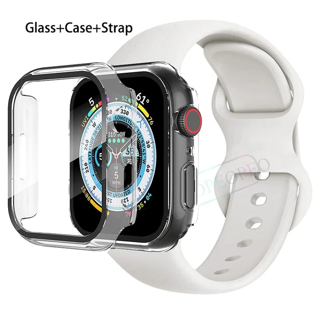 Glass+Case+Strap For Apple Watch band 44mm 41mm 45mm 40mm 38mm 42mm Silicone bracelet iWatch series 9 8 3 4 5 6 se 7 watchbands