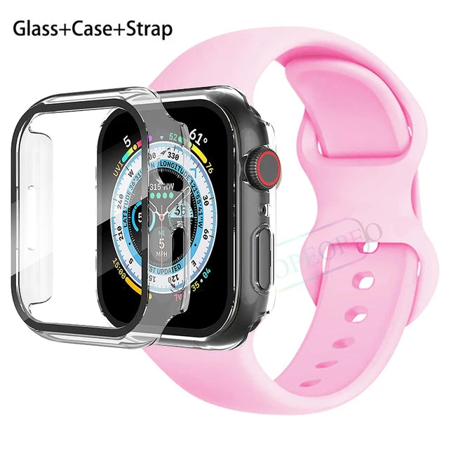 Glass+Case+Strap For Apple Watch band 44mm 41mm 45mm 40mm 38mm 42mm Silicone bracelet iWatch series 9 8 3 4 5 6 se 7 watchbands