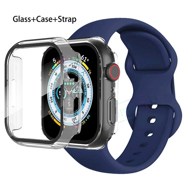 Glass+Case+Strap For Apple Watch band 44mm 41mm 45mm 40mm 38mm 42mm Silicone bracelet iWatch series 9 8 3 4 5 6 se 7 watchbands