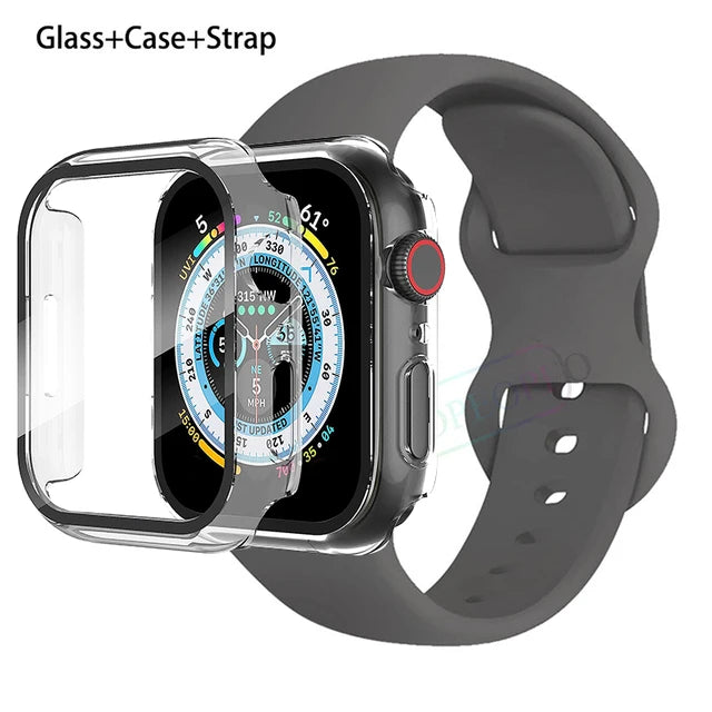 Glass+Case+Strap For Apple Watch band 44mm 41mm 45mm 40mm 38mm 42mm Silicone bracelet iWatch series 9 8 3 4 5 6 se 7 watchbands