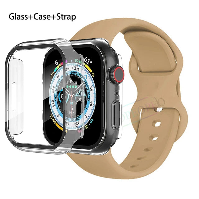 Glass+Case+Strap For Apple Watch band 44mm 41mm 45mm 40mm 38mm 42mm Silicone bracelet iWatch series 9 8 3 4 5 6 se 7 watchbands