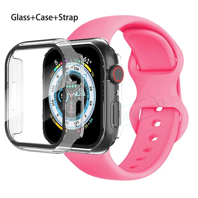 Glass+Case+Strap For Apple Watch band 44mm 41mm 45mm 40mm 38mm 42mm Silicone bracelet iWatch series 9 8 3 4 5 6 se 7 watchbands