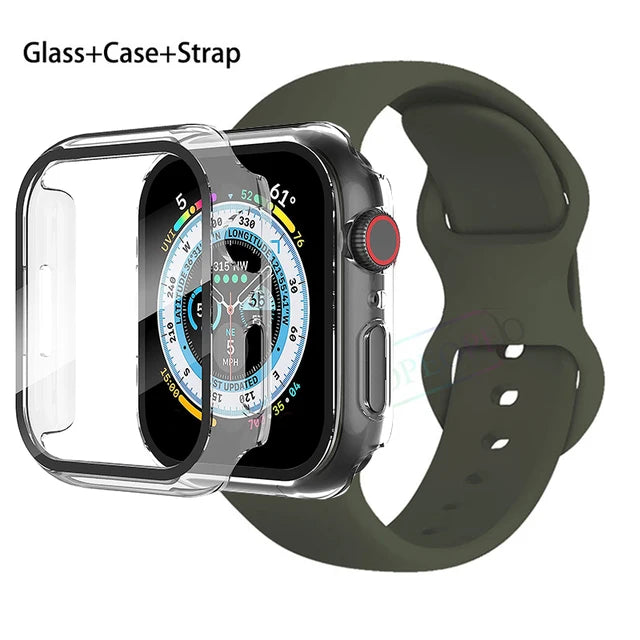 Glass+Case+Strap For Apple Watch band 44mm 41mm 45mm 40mm 38mm 42mm Silicone bracelet iWatch series 9 8 3 4 5 6 se 7 watchbands