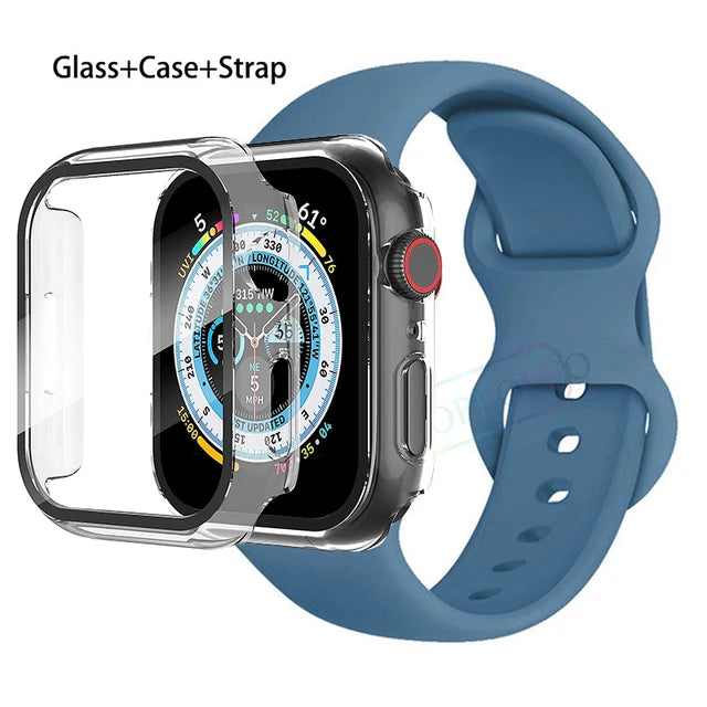 Glass+Case+Strap For Apple Watch band 44mm 41mm 45mm 40mm 38mm 42mm Silicone bracelet iWatch series 9 8 3 4 5 6 se 7 watchbands