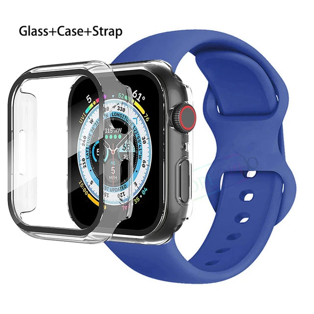 Glass+Case+Strap For Apple Watch band 44mm 41mm 45mm 40mm 38mm 42mm Silicone bracelet iWatch series 9 8 3 4 5 6 se 7 watchbands