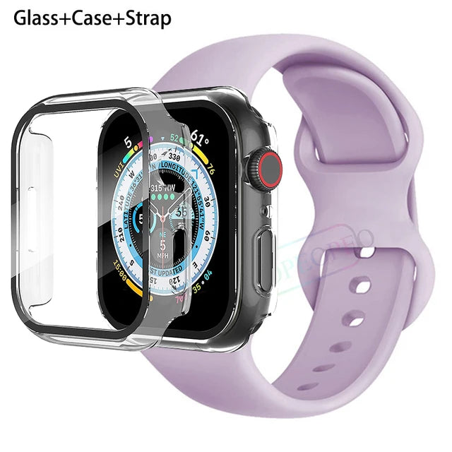 Glass+Case+Strap For Apple Watch band 44mm 41mm 45mm 40mm 38mm 42mm Silicone bracelet iWatch series 9 8 3 4 5 6 se 7 watchbands