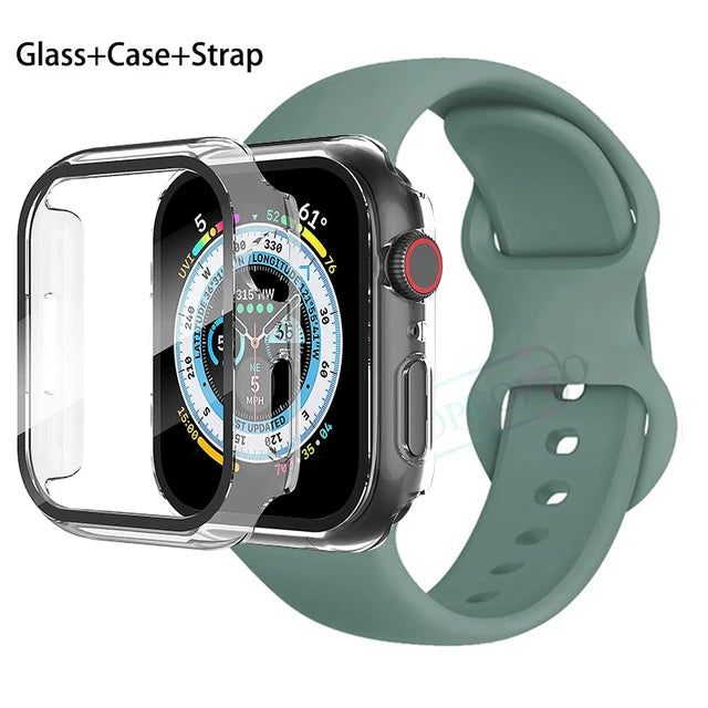 Glass+Case+Strap For Apple Watch band 44mm 41mm 45mm 40mm 38mm 42mm Silicone bracelet iWatch series 9 8 3 4 5 6 se 7 watchbands