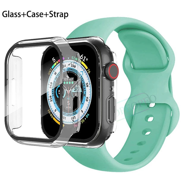 Glass+Case+Strap For Apple Watch band 44mm 41mm 45mm 40mm 38mm 42mm Silicone bracelet iWatch series 9 8 3 4 5 6 se 7 watchbands