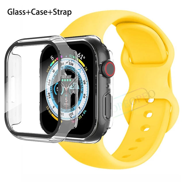 Glass+Case+Strap For Apple Watch band 44mm 41mm 45mm 40mm 38mm 42mm Silicone bracelet iWatch series 9 8 3 4 5 6 se 7 watchbands