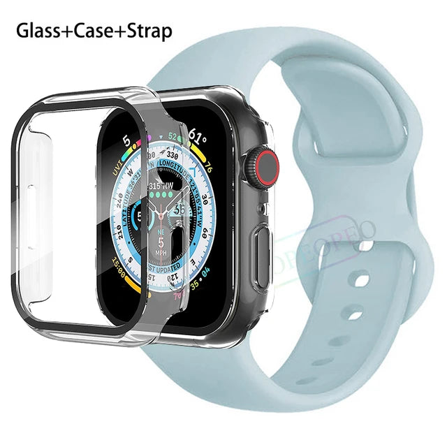 Glass+Case+Strap For Apple Watch band 44mm 41mm 45mm 40mm 38mm 42mm Silicone bracelet iWatch series 9 8 3 4 5 6 se 7 watchbands