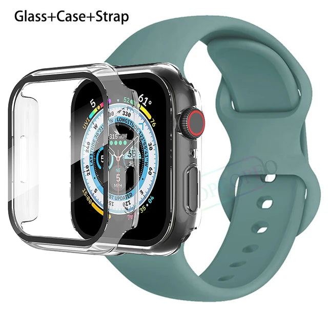 Glass+Case+Strap For Apple Watch band 44mm 41mm 45mm 40mm 38mm 42mm Silicone bracelet iWatch series 9 8 3 4 5 6 se 7 watchbands