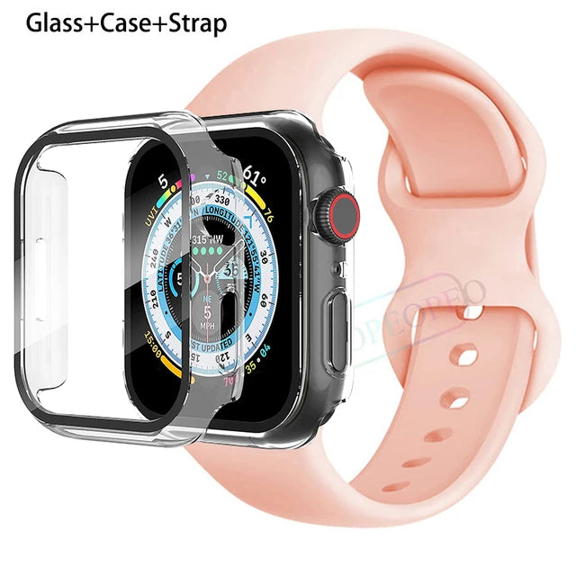 Glass+Case+Strap For Apple Watch band 44mm 41mm 45mm 40mm 38mm 42mm Silicone bracelet iWatch series 9 8 3 4 5 6 se 7 watchbands