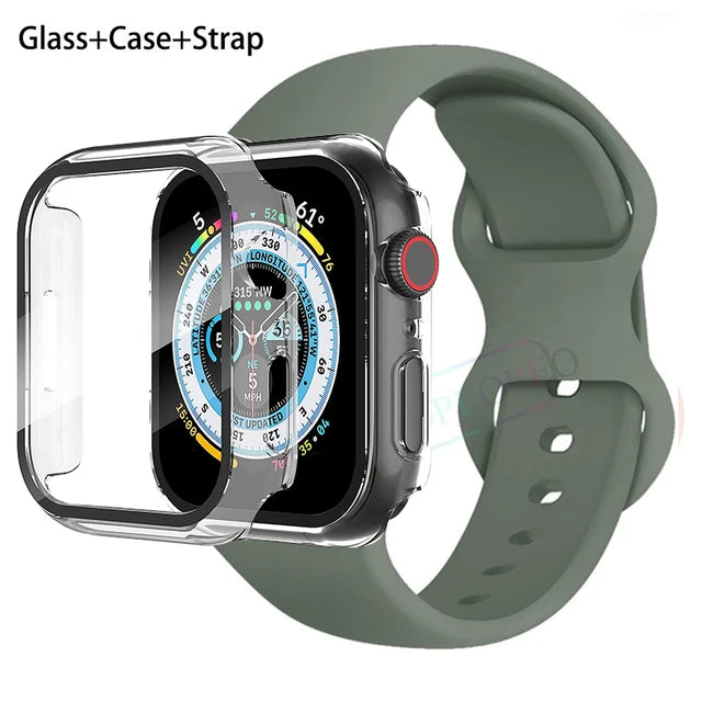 Glass+Case+Strap For Apple Watch band 44mm 41mm 45mm 40mm 38mm 42mm Silicone bracelet iWatch series 9 8 3 4 5 6 se 7 watchbands