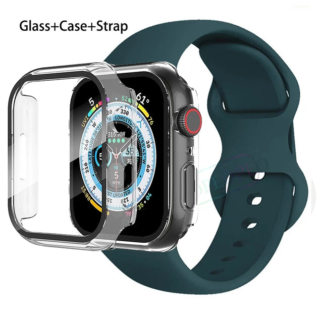 Glass+Case+Strap For Apple Watch band 44mm 41mm 45mm 40mm 38mm 42mm Silicone bracelet iWatch series 9 8 3 4 5 6 se 7 watchbands