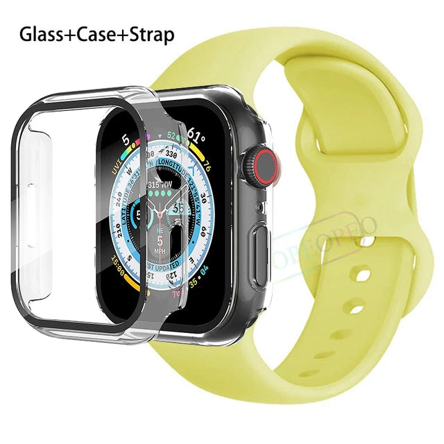 Glass+Case+Strap For Apple Watch band 44mm 41mm 45mm 40mm 38mm 42mm Silicone bracelet iWatch series 9 8 3 4 5 6 se 7 watchbands