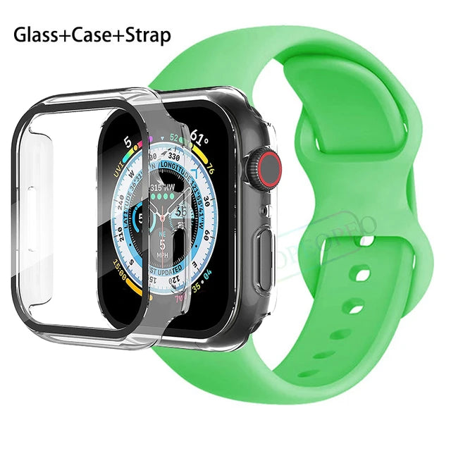 Glass+Case+Strap For Apple Watch band 44mm 41mm 45mm 40mm 38mm 42mm Silicone bracelet iWatch series 9 8 3 4 5 6 se 7 watchbands