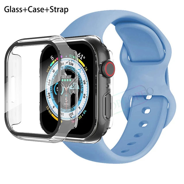 Glass+Case+Strap For Apple Watch band 44mm 41mm 45mm 40mm 38mm 42mm Silicone bracelet iWatch series 9 8 3 4 5 6 se 7 watchbands