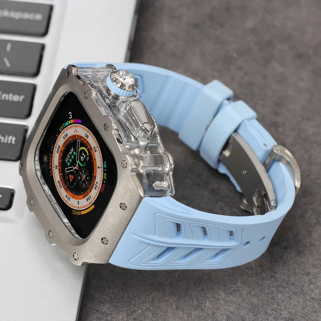 Titanium Modification Kit For Apple Watch Band Ultra 2 49mm 44mm 45mm Metal Case For Iwatch Series 9 8 7 6 5 4 Rubber Strap