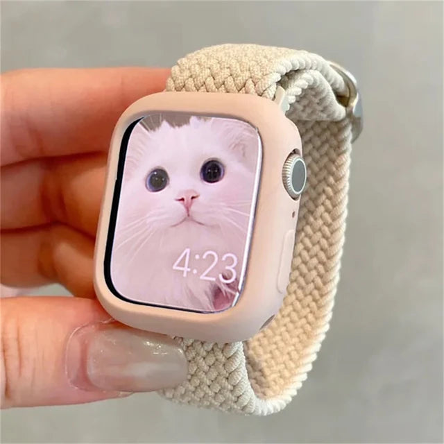 Korean Cute Braied Strap + Case For Apple Watch Band 49mm 41mm 45 44 38 42 Nylon Bracelet For iWatch Series 9 8 7 6 5 4 3 SE 40